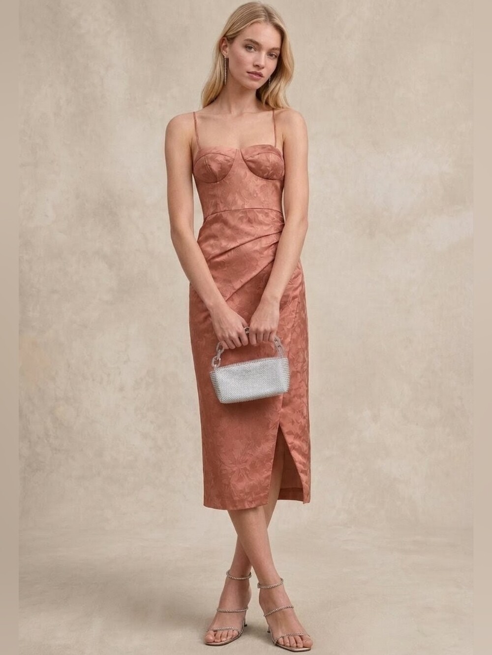 BHLDN Anthropologie Levi Satin Jacquard Midi Dress Copper Rose Pink Size 4 NWT